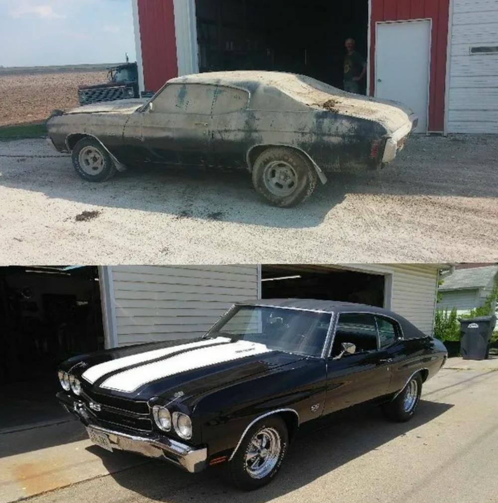 Dirty old Chevelle in a barn, before and after restoration